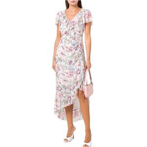 CINQ À SEPT Sheila‎ Floral Ruffle-Trim Midi Dress Size 2 V-Neck Flutter Sleeve